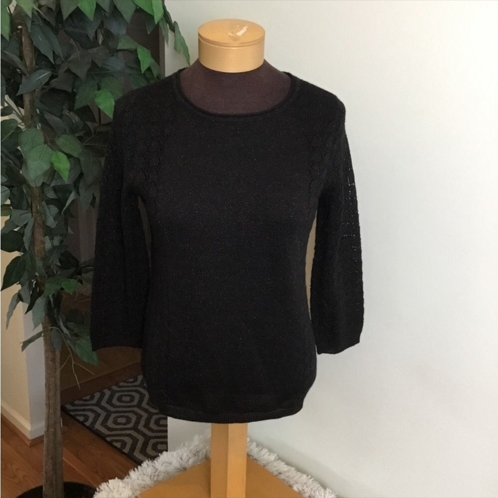 Relativity sweater Womans small black open knit with gold shimmer